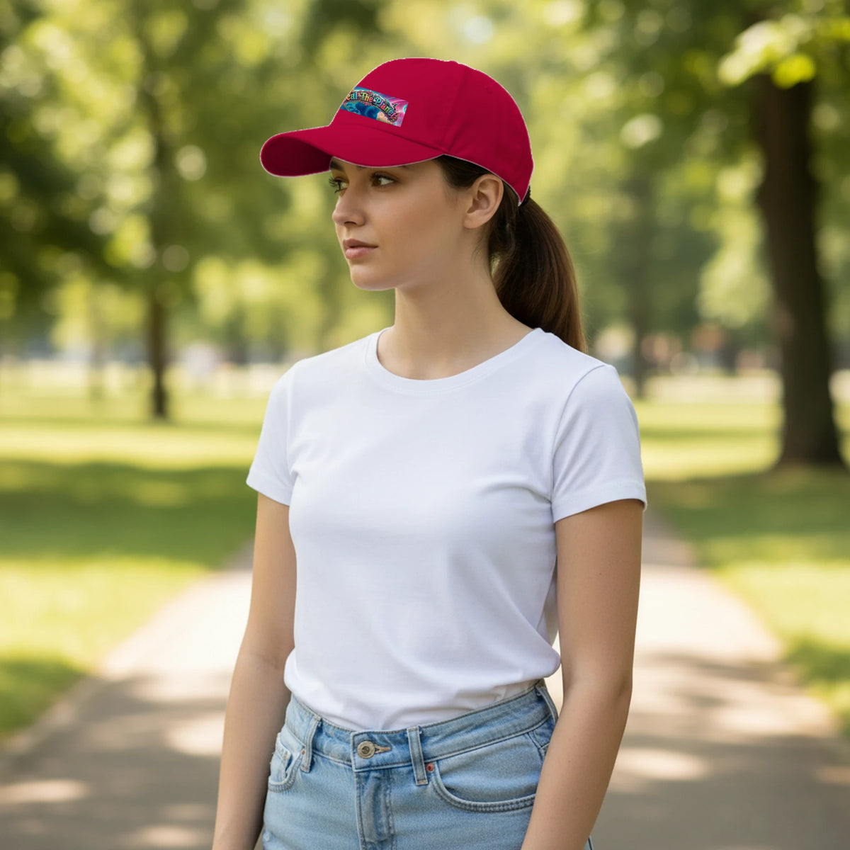 Woman wearing a red cap and white t-shirt in a park