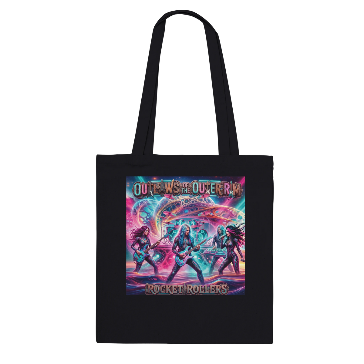Ride into the galaxy with the Rocket Rollers Outlaws Of The Outer Rim Premium Tote Bag