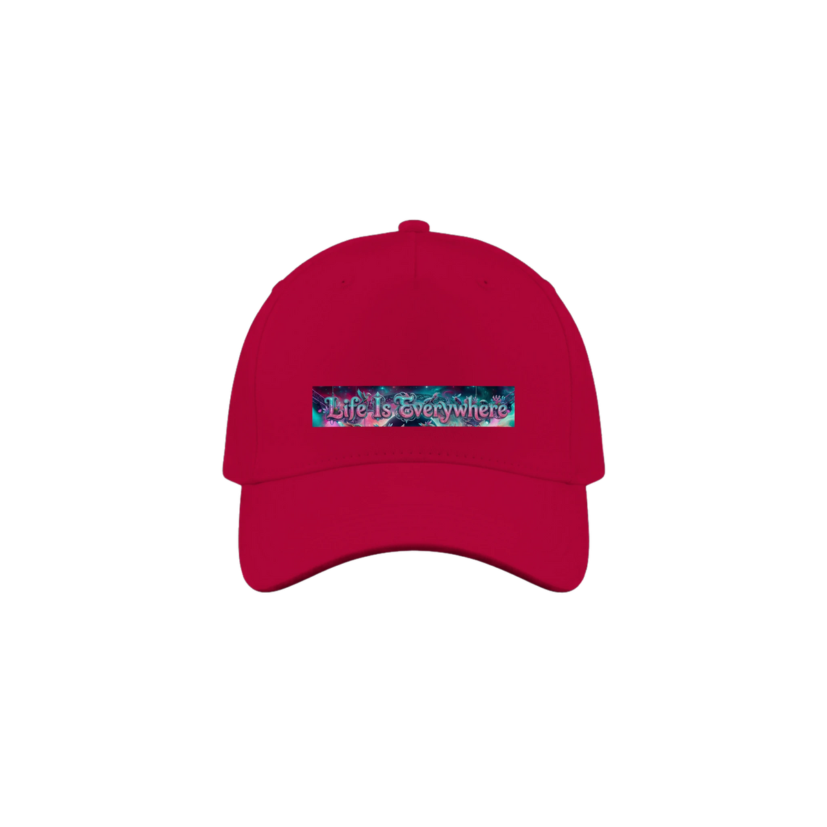 Red cap with the colorful logo on it that reads, "Life Is Everywhere".