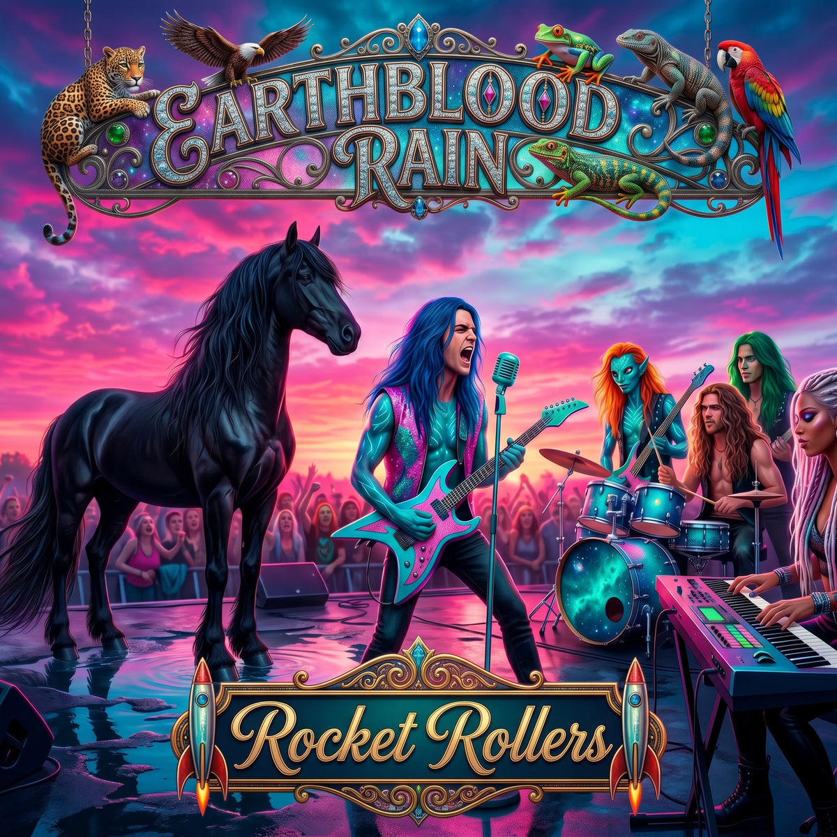 Vibrant fantasy concert poster for 'Earthblood Rain' by 'Rocket Rollers', featuring a band performing on stage with a black horse, a parrot, and a lizard under a colorful pink and blue sky. Alien musicians with a New Age feel and slow dance music with a touch of the Blues.