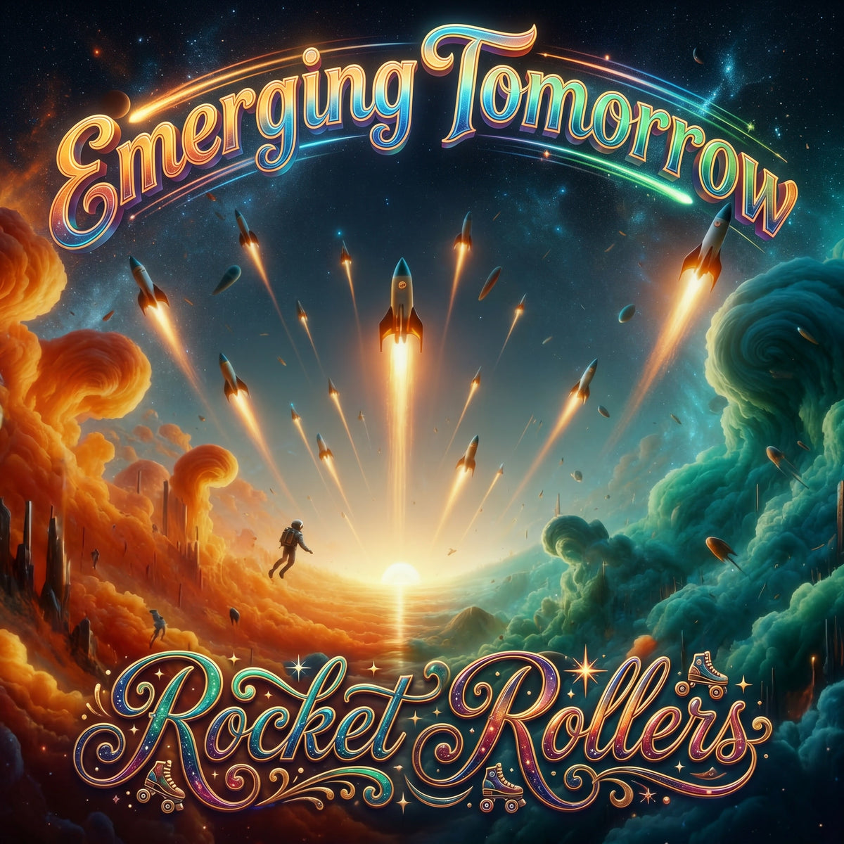 A colorful UFO fantasy-style poster or album cover with the words 'Emerging Tomorrow' at the top and 'Rocket Rollers' at the bottom. The New Age artwork shows a dramatic space scene with multiple rockets launching upward, bright light trails, swirling orange and teal clouds, and a small astronaut figure near the center. Slow dance Blues with a Rock and Roll feel.