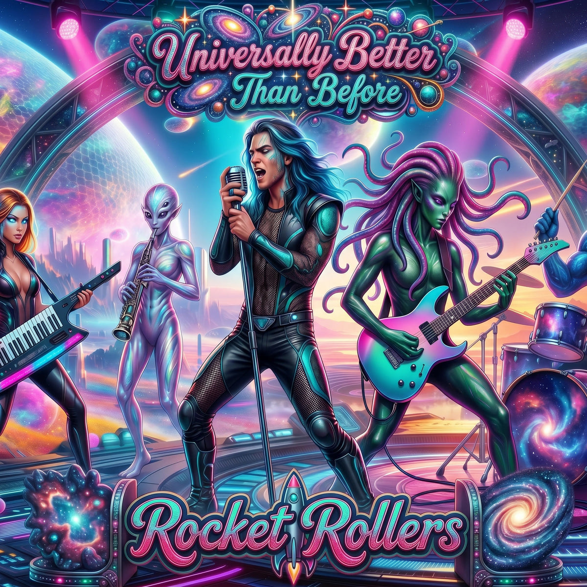 Album cover for 'Universally Better Than Before' by 'Rocket Rollers' featuring futuristic band members. UFO feel, hard rock and roll dance music. Alien musicians and extraterrestrial stage. Blues feel and New Age ready.