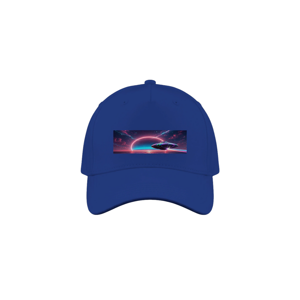 Blue Cap with UFO heading toward the sunset over the water.