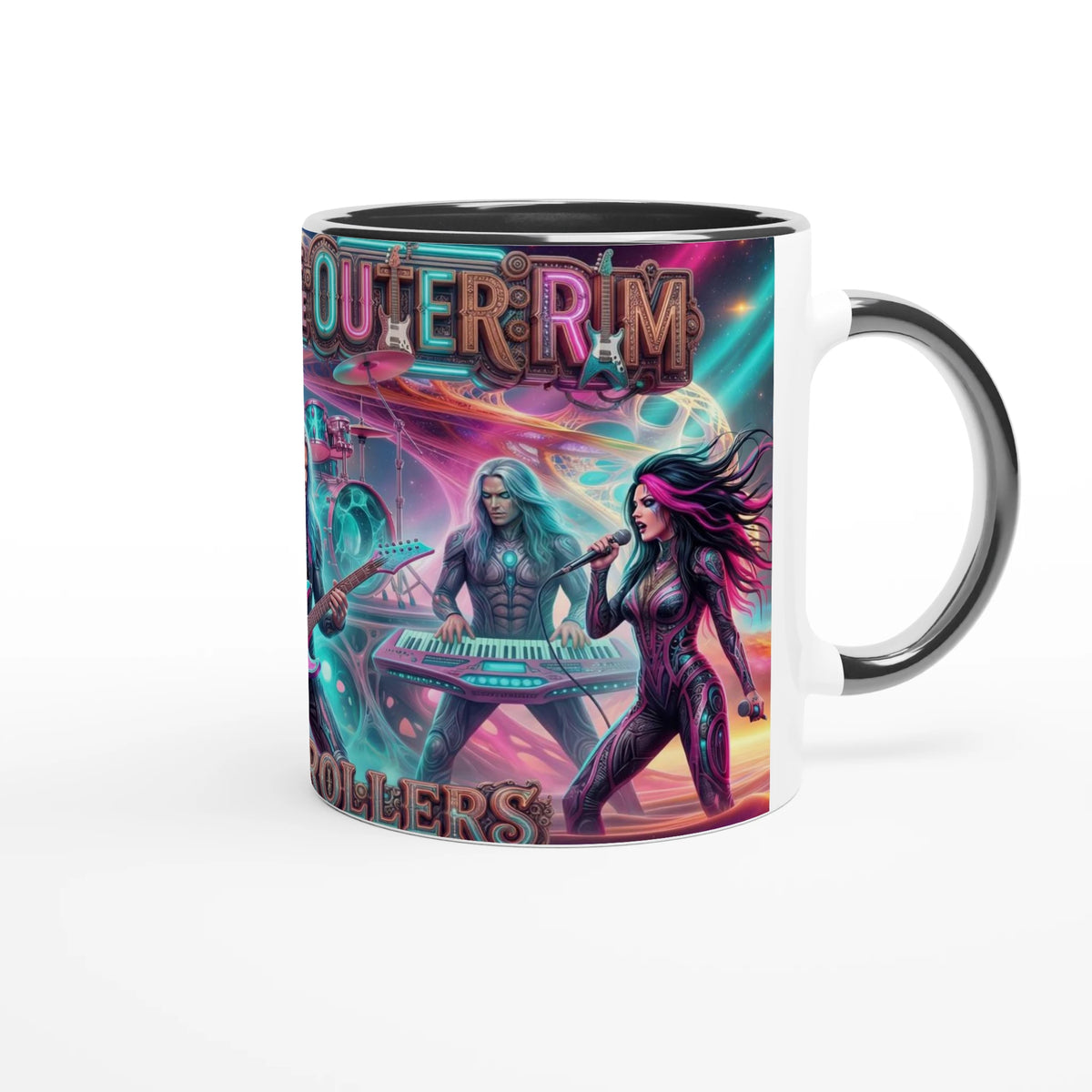 Rocket Rollers Outlaws Of The Outer Rim 11oz Ceramic Mug. Glossy white with a bold pop of color on the inside.
