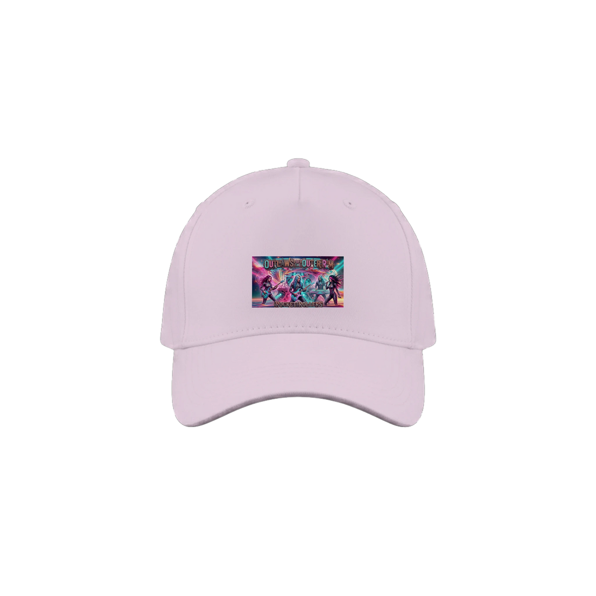 Pink cap with a colorful graphic of the  Rocket Rollers "Outlaws Of The Outer Rim" album cover 5-Panel Cap. 