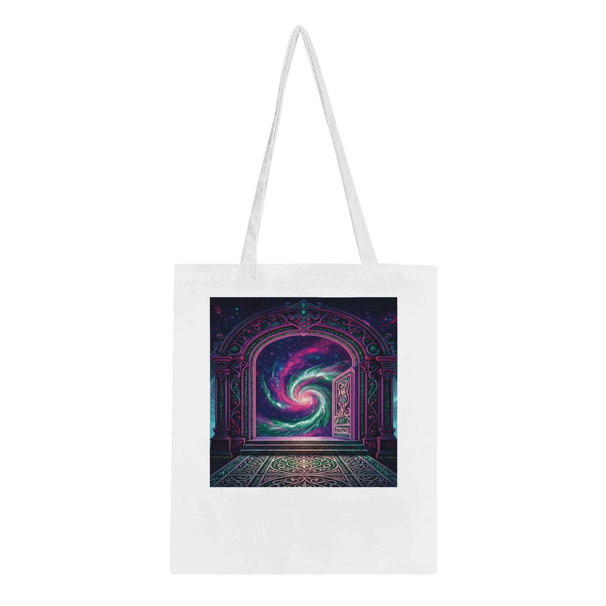 A white canvas tote bag with two shoulder straps, featuring a square graphic print on the front of a colorful cosmic doorway Stargate design with a swirling purple, pink, and blue nebula.