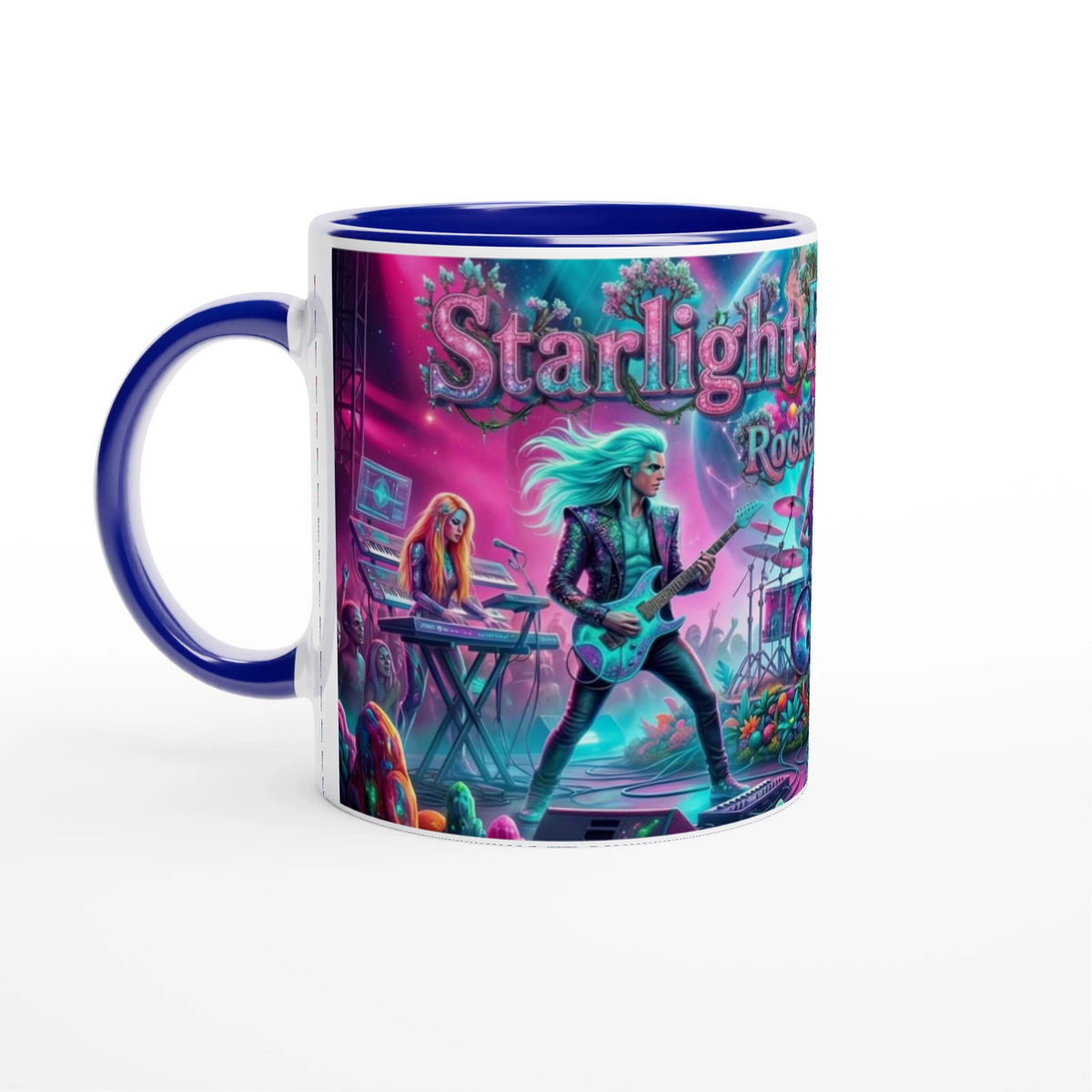 Rocket Rollers Starlight Pulse Melody 11oz Ceramic Mug. Glossy white on the outside with a burst of color inside
