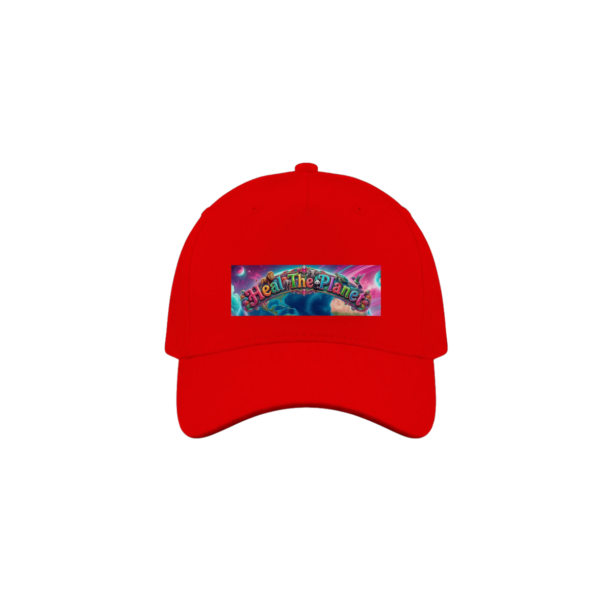 Red cap with a bright animal framed logo that reads, "Heal The Planet".