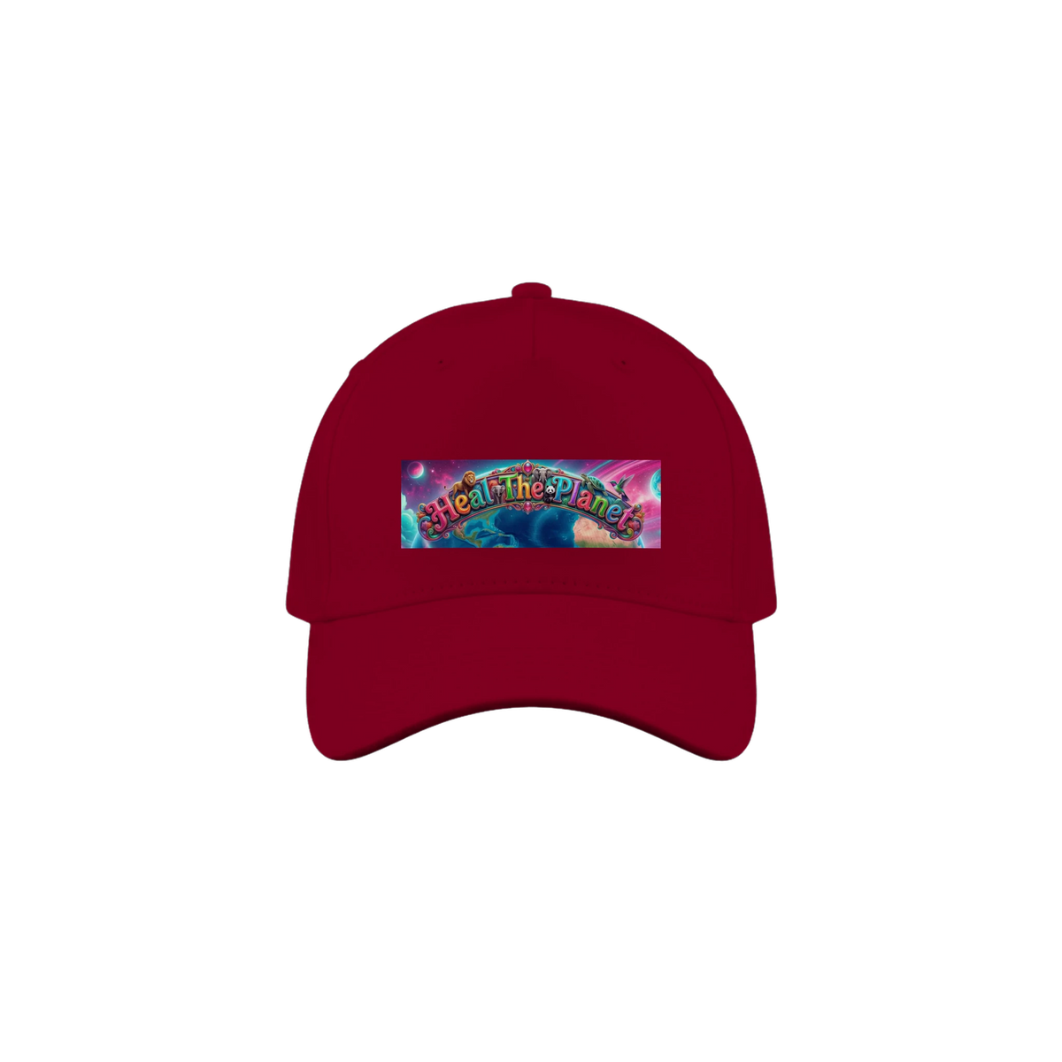 Dark Red cap with a bright animal framed logo that reads, "Heal The Planet".