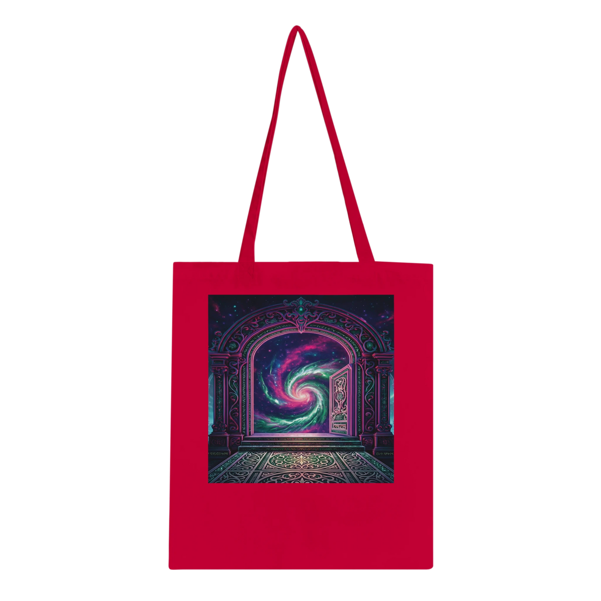 A bright red canvas tote bag with dual shoulder straps, featuring a square graphic print on the front depicting an ornate Stargate doorway opening into a swirling cosmic galaxy scene.