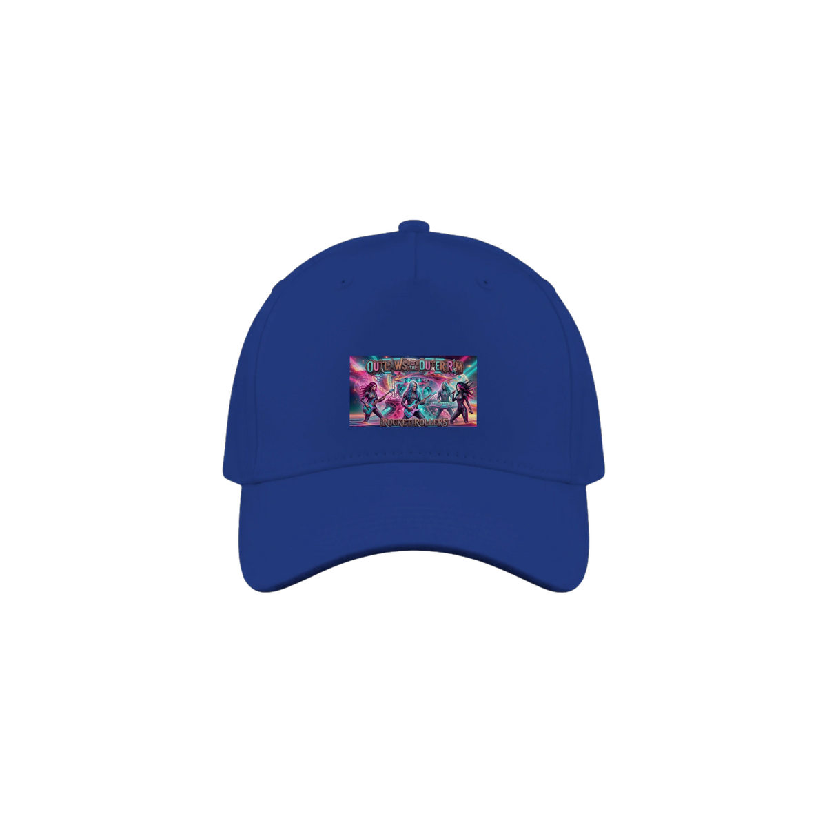 Blue cap with a colorful graphic of the  Rocket Rollers "Outlaws Of The Outer Rim" album cover 5-Panel Cap. 