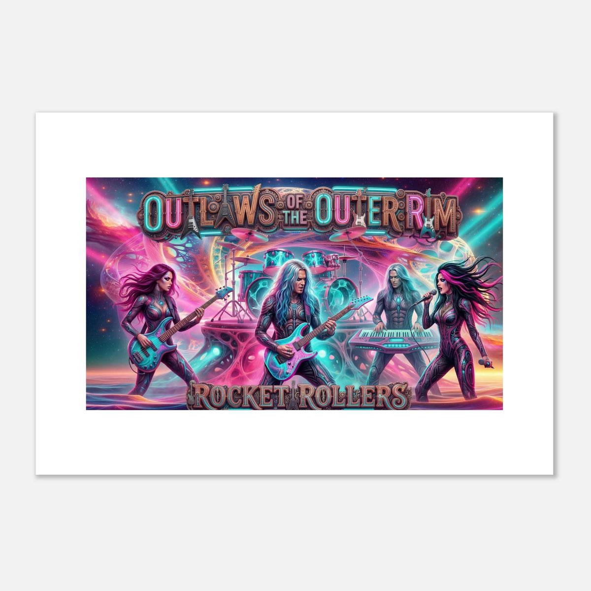 Colorful poster of 'Outlaws of the Outer Rim' featuring musicians with a futuristic background.