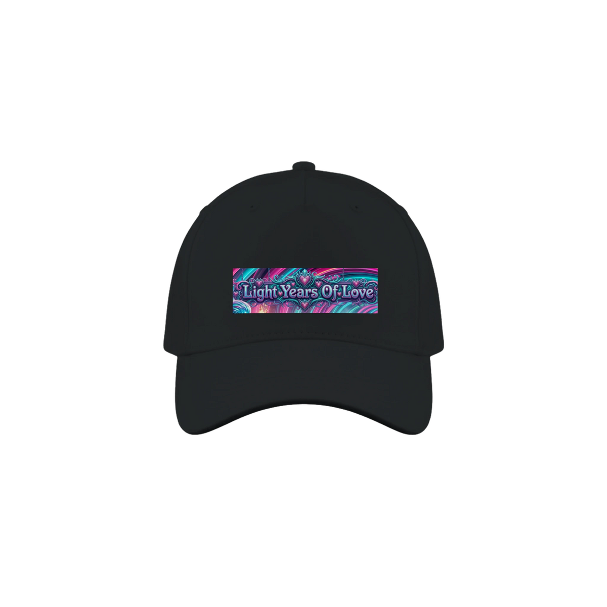 A baseball cap with a colorful graphic patch on the front that reads 'Light Years Of Love'.