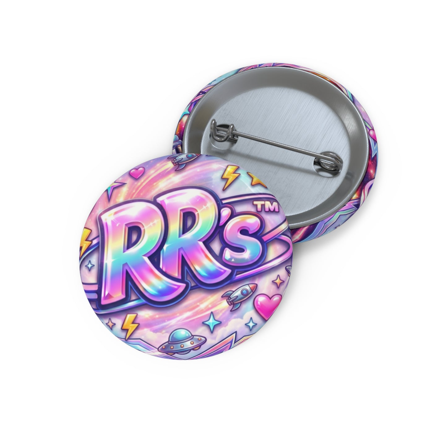 Round Pin Button — Colorful Retro 'RRS' Holographic Space Design