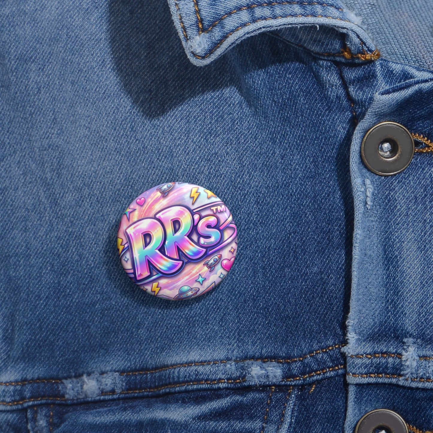 Round Pin Button — Colorful Retro 'RRS' Holographic Space Design