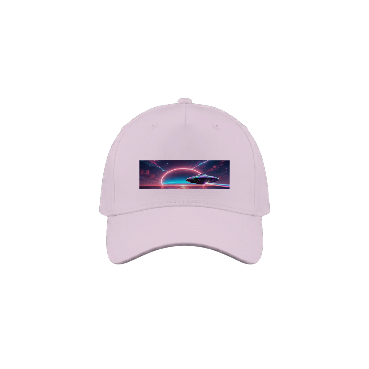 Pink cap with UFO heading toward the sunset over the water.