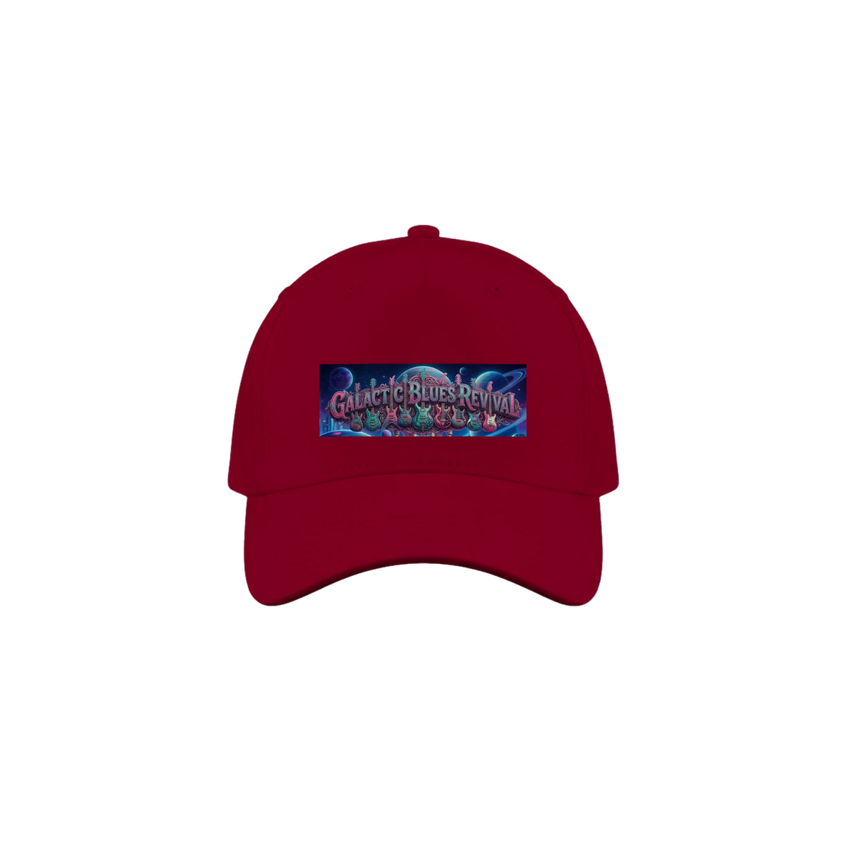 A dark red baseball cap featuring a rectangular graphic patch on the front with the text 'Galactic Blues Revival' decorated with colorful guitars and a blue space-themed design, shown against planets in the  background.