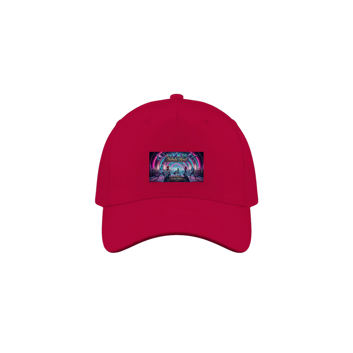 Red cap with front patch of the Rocket Rollers Nebula Road album cover.