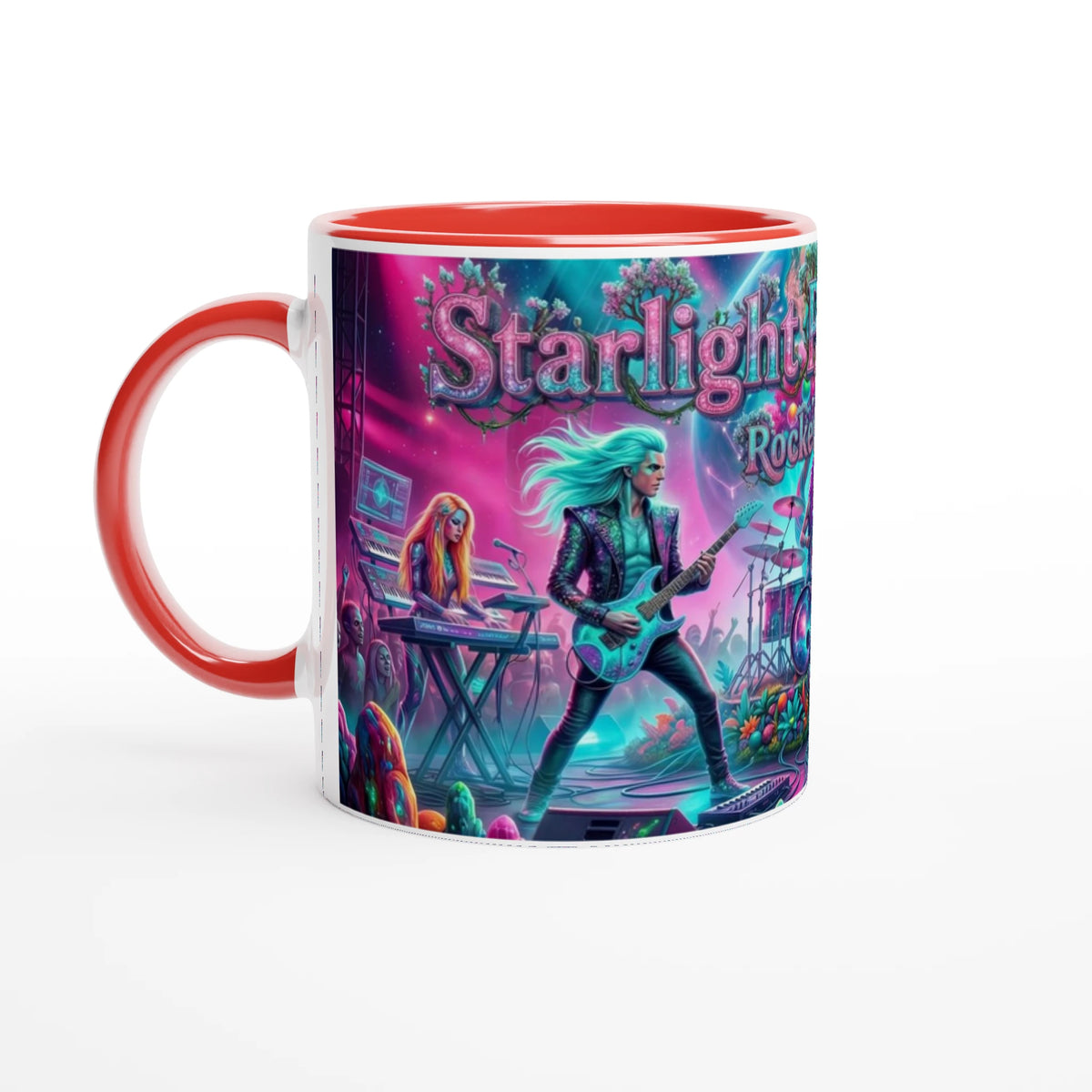 Rocket Rollers Starlight Pulse Melody 11oz Ceramic Mug. Glossy white on the outside with a burst of color inside
