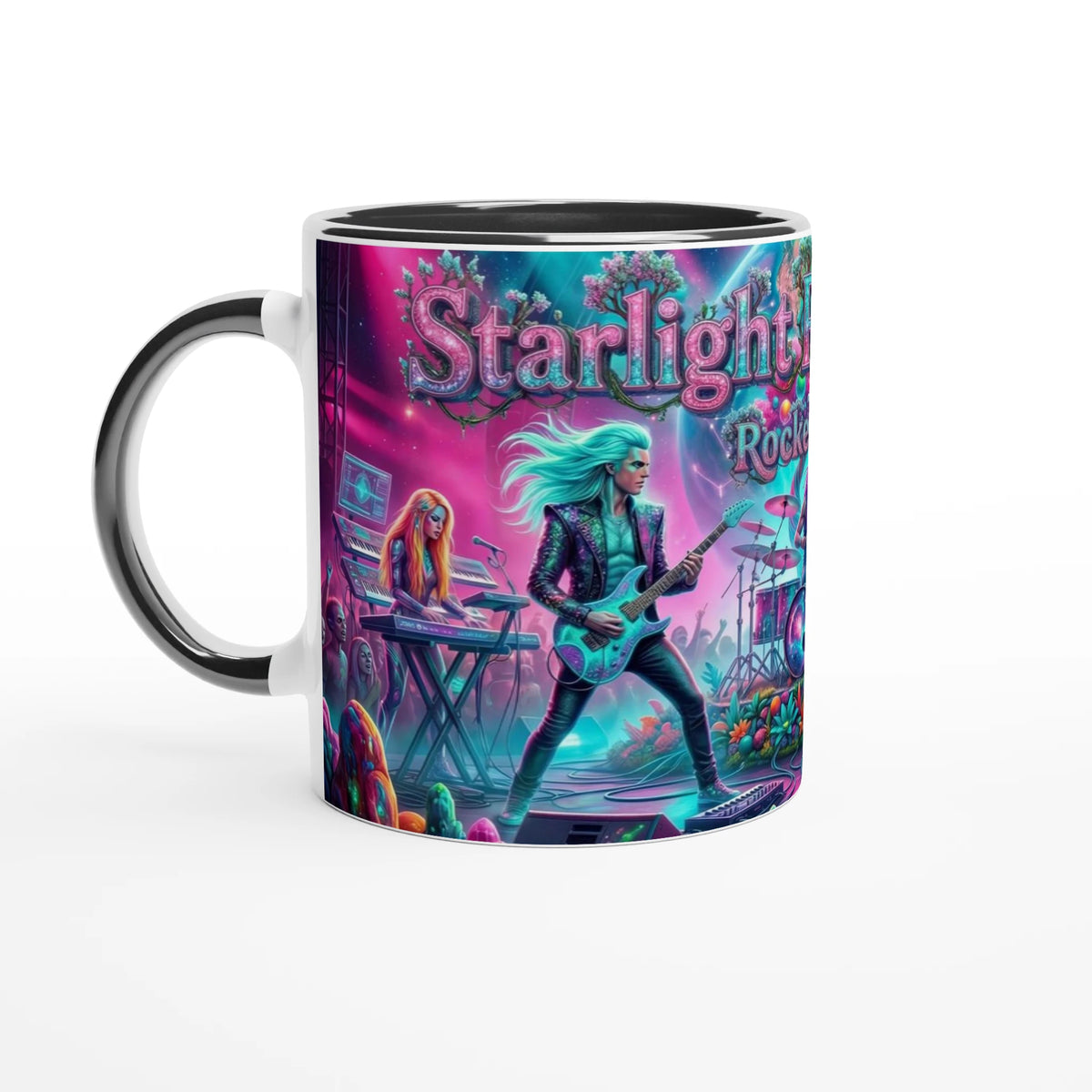 Rocket Rollers Starlight Pulse Melody 11oz Ceramic Mug. Glossy white on the outside with a burst of color inside