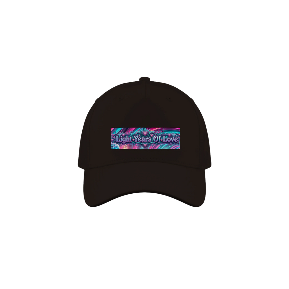 A brown baseball cap with a colorful graphic patch on the front that reads 'Light Years Of Love'.