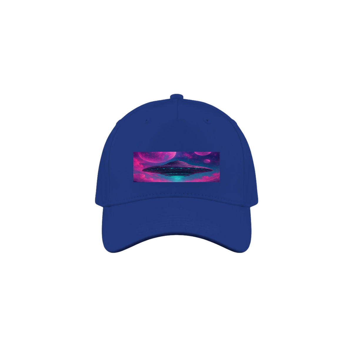 A royal blue baseball cap featuring a rectangular front patch with a colorful graphic of a UFO in a pink and purple nebula.