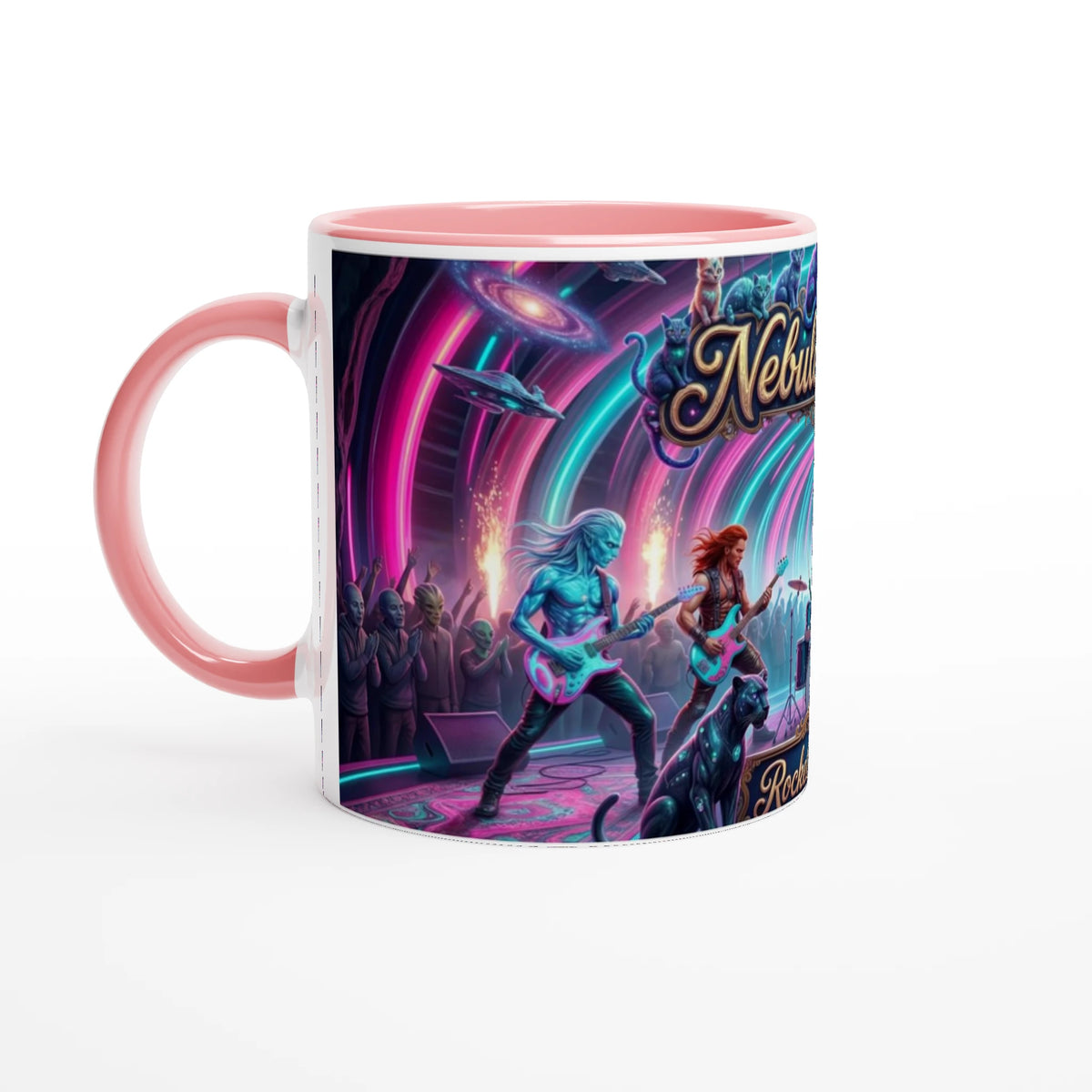 Rocket Rollers Nebula Road 11oz Ceramic Mug. Glossy white on the outside with a burst of color inside