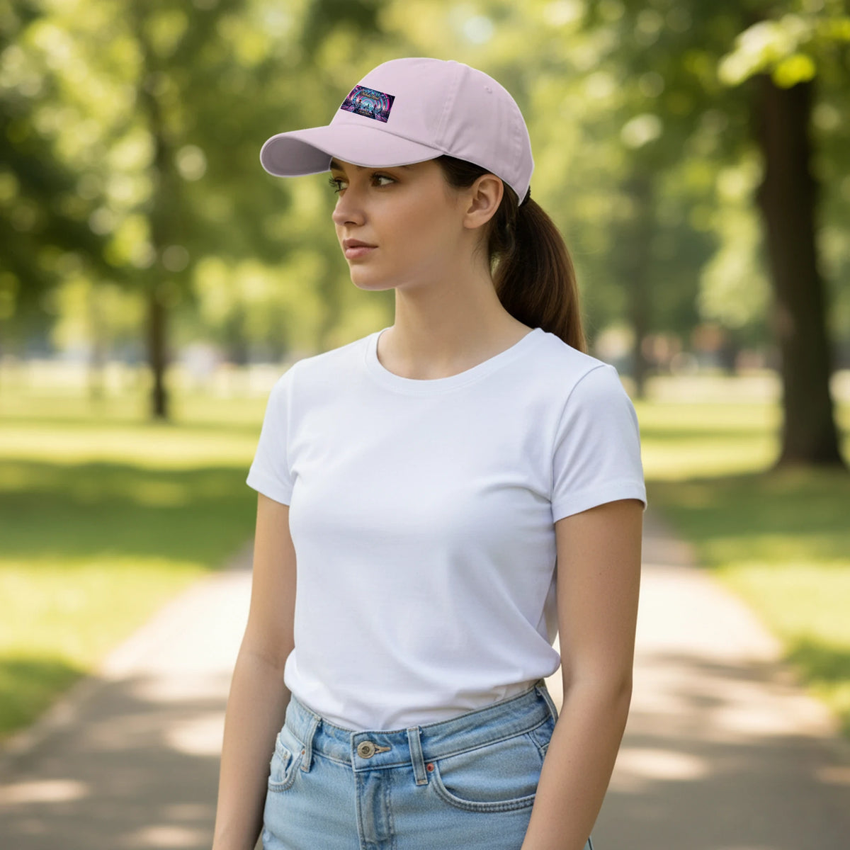 Woman wearing a pink cap and white t-shirt in a park