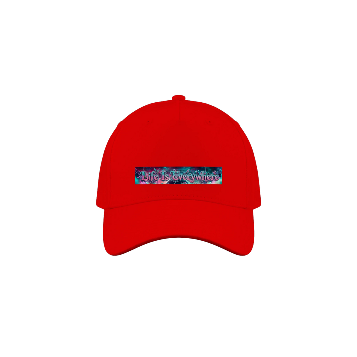 A bright red baseball cap with a rectangular embroidered patch on the front that reads 'Life is Everywhere' in white text over a colorful abstract background.