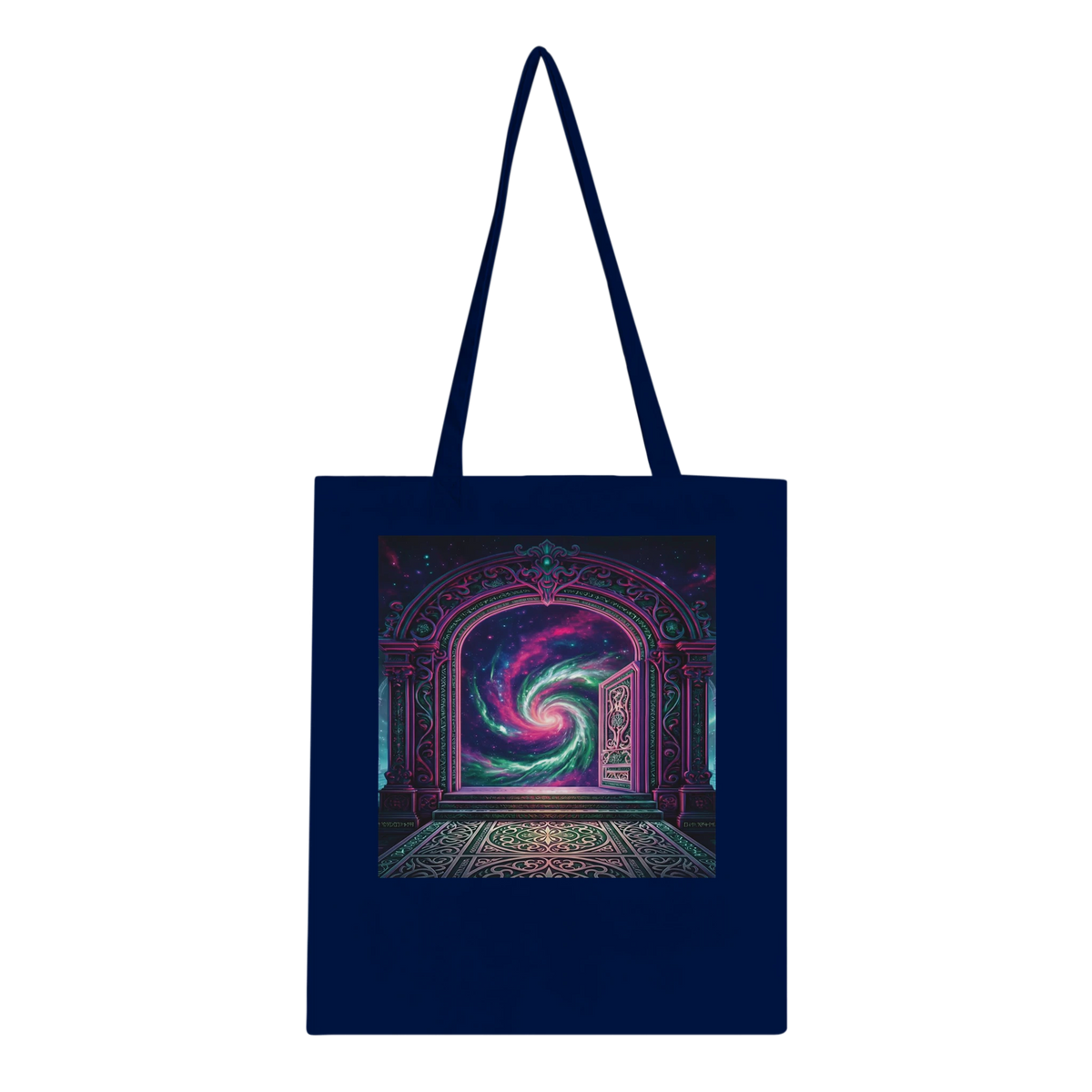 A navy blue canvas tote bag with long shoulder straps, featuring a colorful printed graphic on the front of an ornate Stargate doorway opening into a swirling purple, pink, and teal cosmic scene.