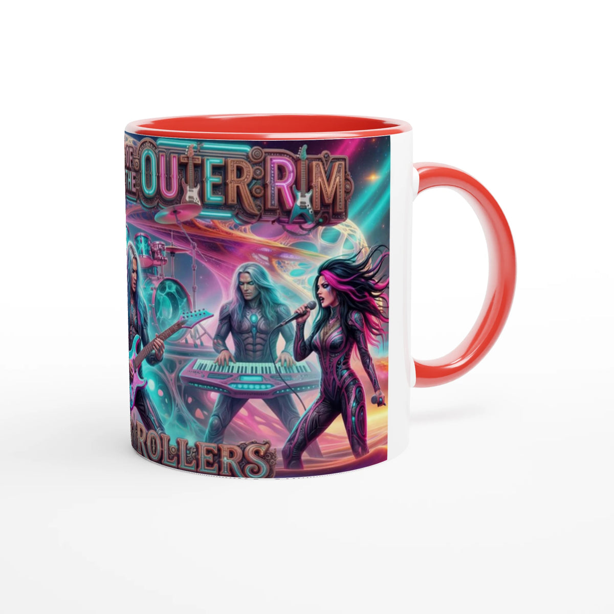 Rocket Rollers Outlaws Of The Outer Rim 11oz Ceramic Mug. Glossy white with a bold pop of color on the inside.