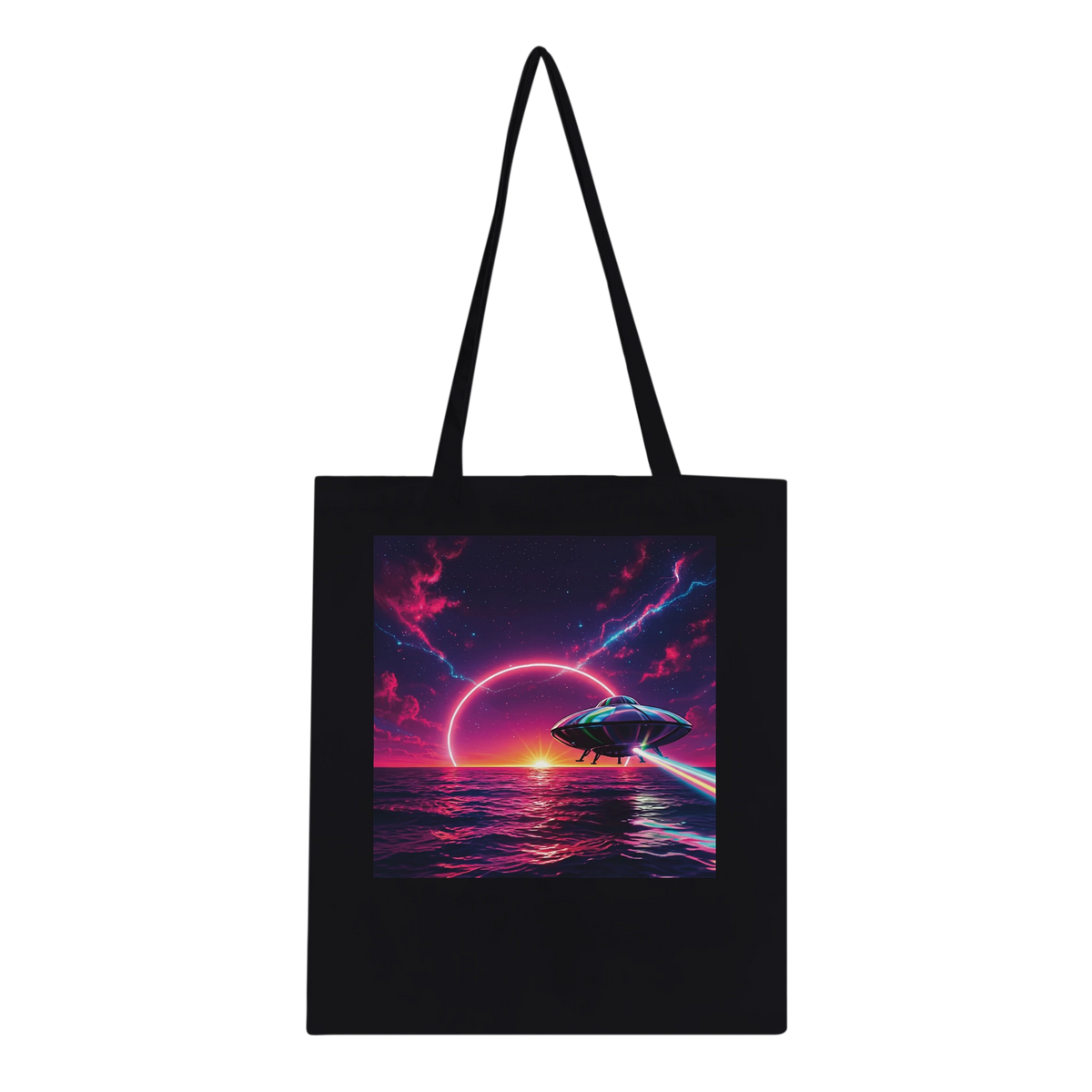 Black canvas tote bag with long black handles, featuring a colorful rectangular graphic print of a futuristic spaceship flying over a glowing ocean under a large pink ring in the sky.