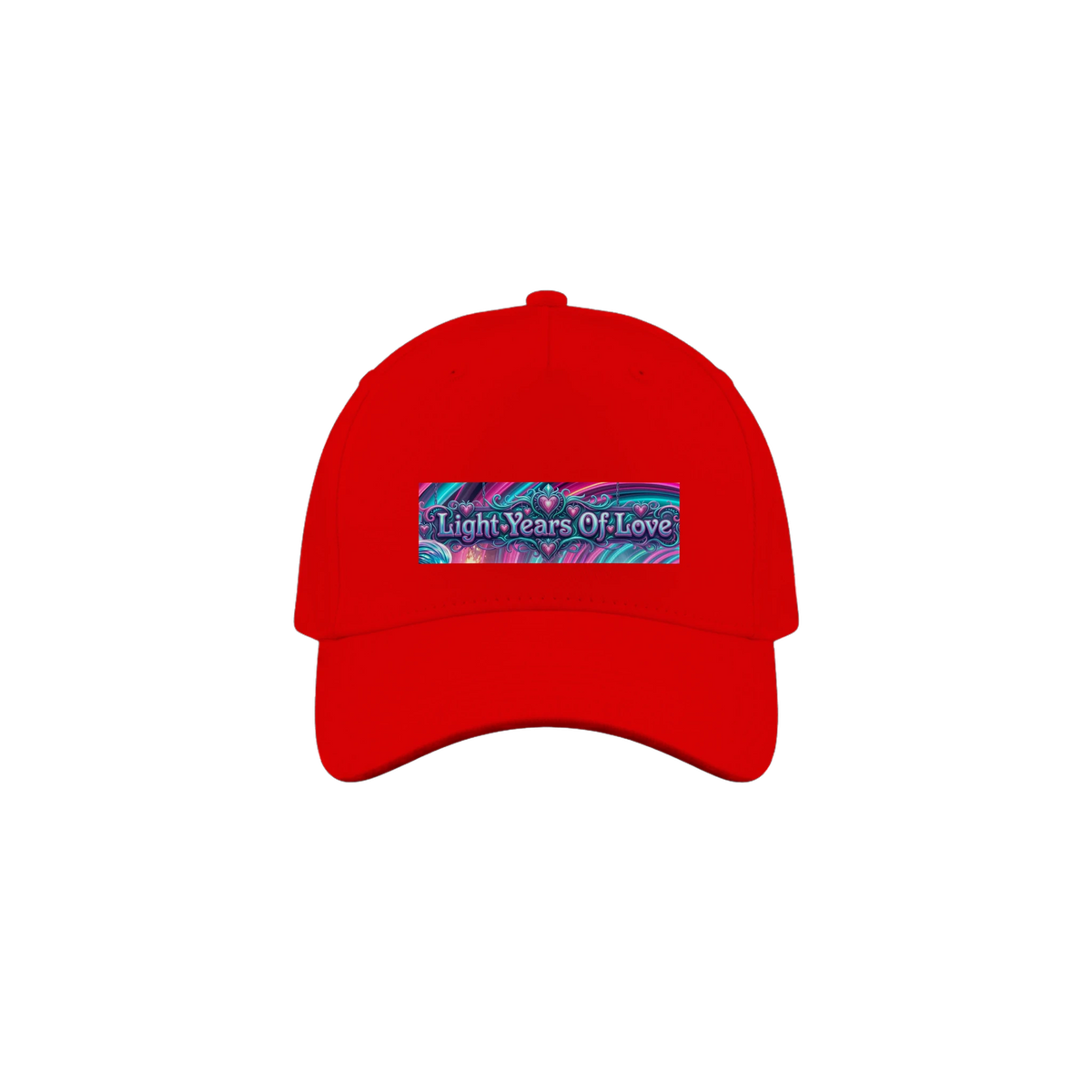 A red baseball cap with a colorful graphic patch on the front that reads 'Light Years Of Love'.