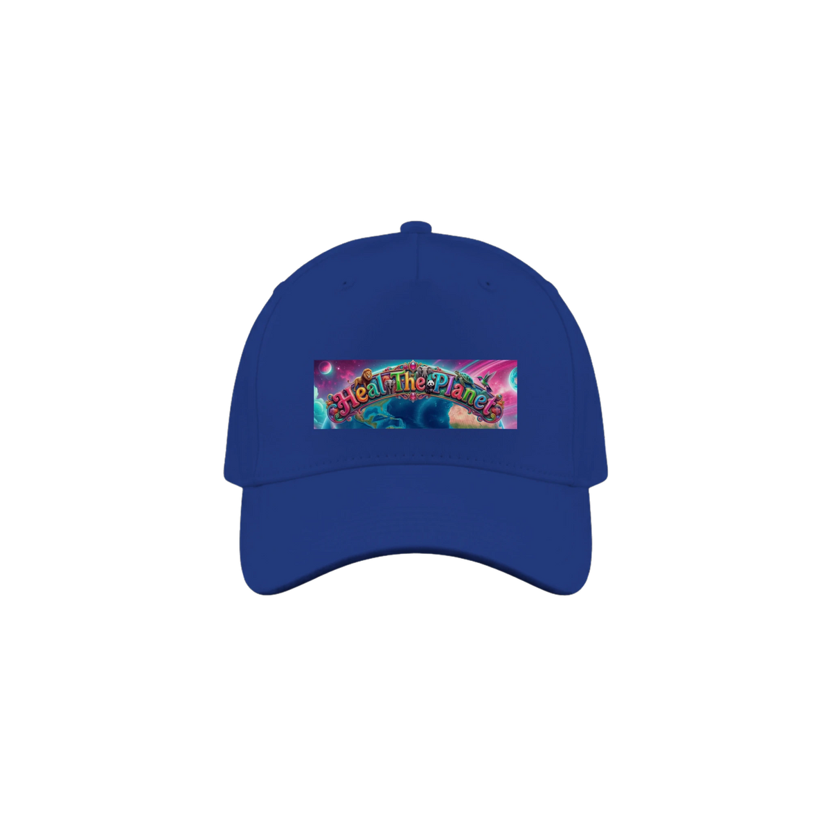 Blue cap with a bright animal framed logo that reads, "Heal The Planet".