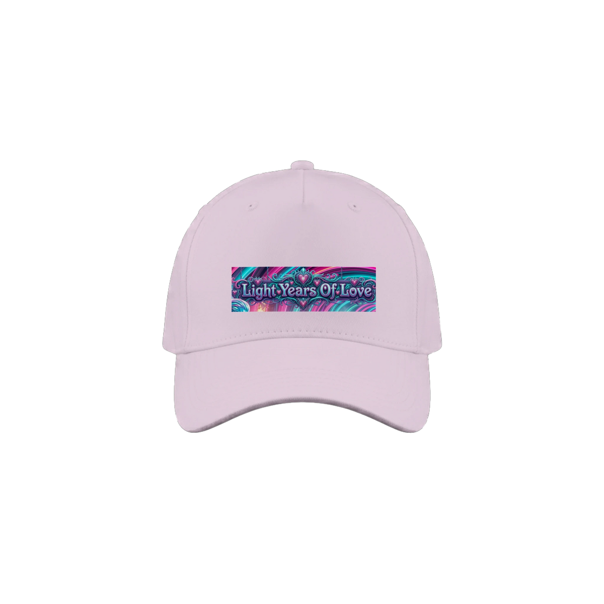 A light pink baseball cap with a colorful graphic patch on the front that reads 'Light Years Of Love'.
