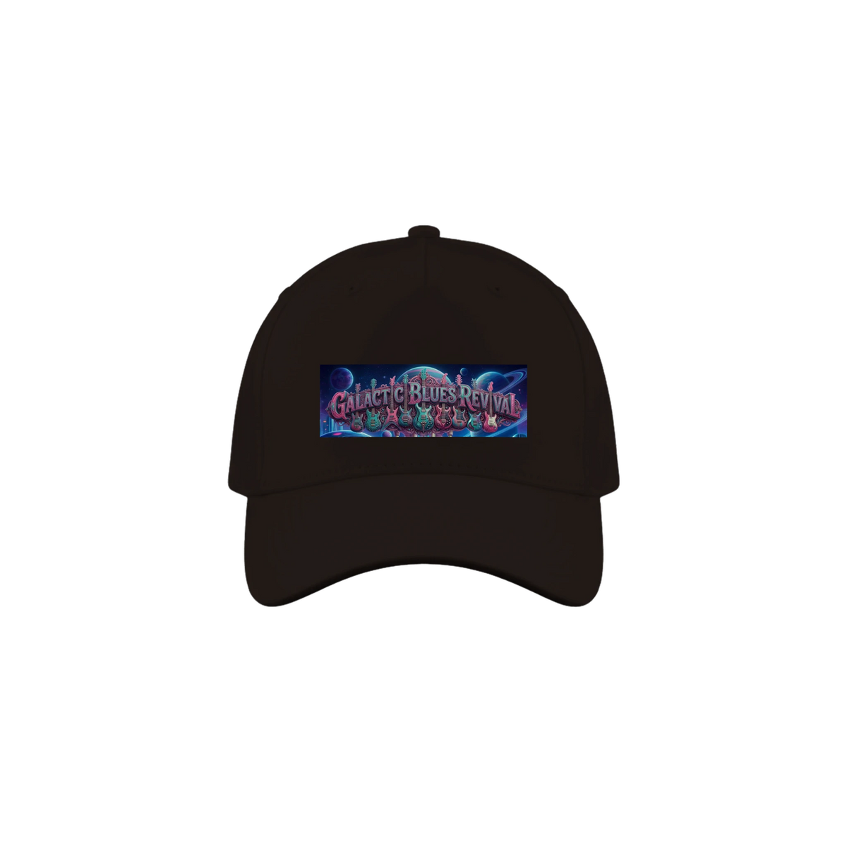 A brown baseball cap featuring a rectangular graphic patch on the front with the text 'Galactic Blues Revival' decorated with colorful guitars and a blue space-themed design, shown against planets in the  background.