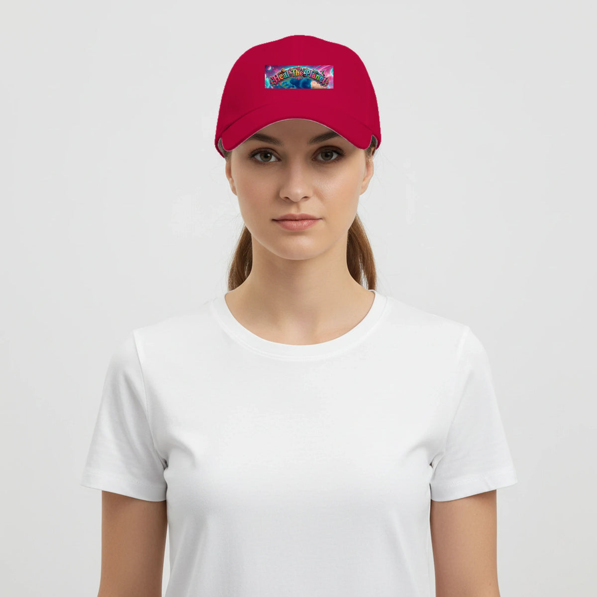 A woman wearing a bright red baseball cap with a colorful graphic print on the front, paired with a plain white t-shirt, against a light gray background.