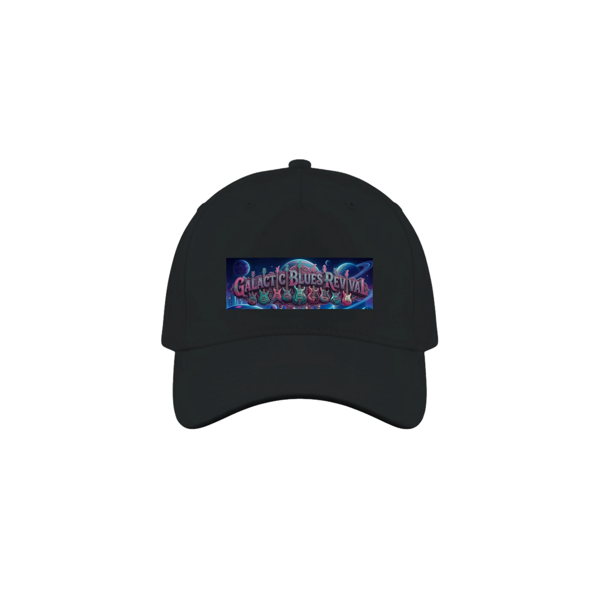 A dark baseball cap featuring a rectangular graphic patch on the front with the text 'Galactic Blues Revival' decorated with colorful guitars and a blue space-themed design, shown against planets in the  background.