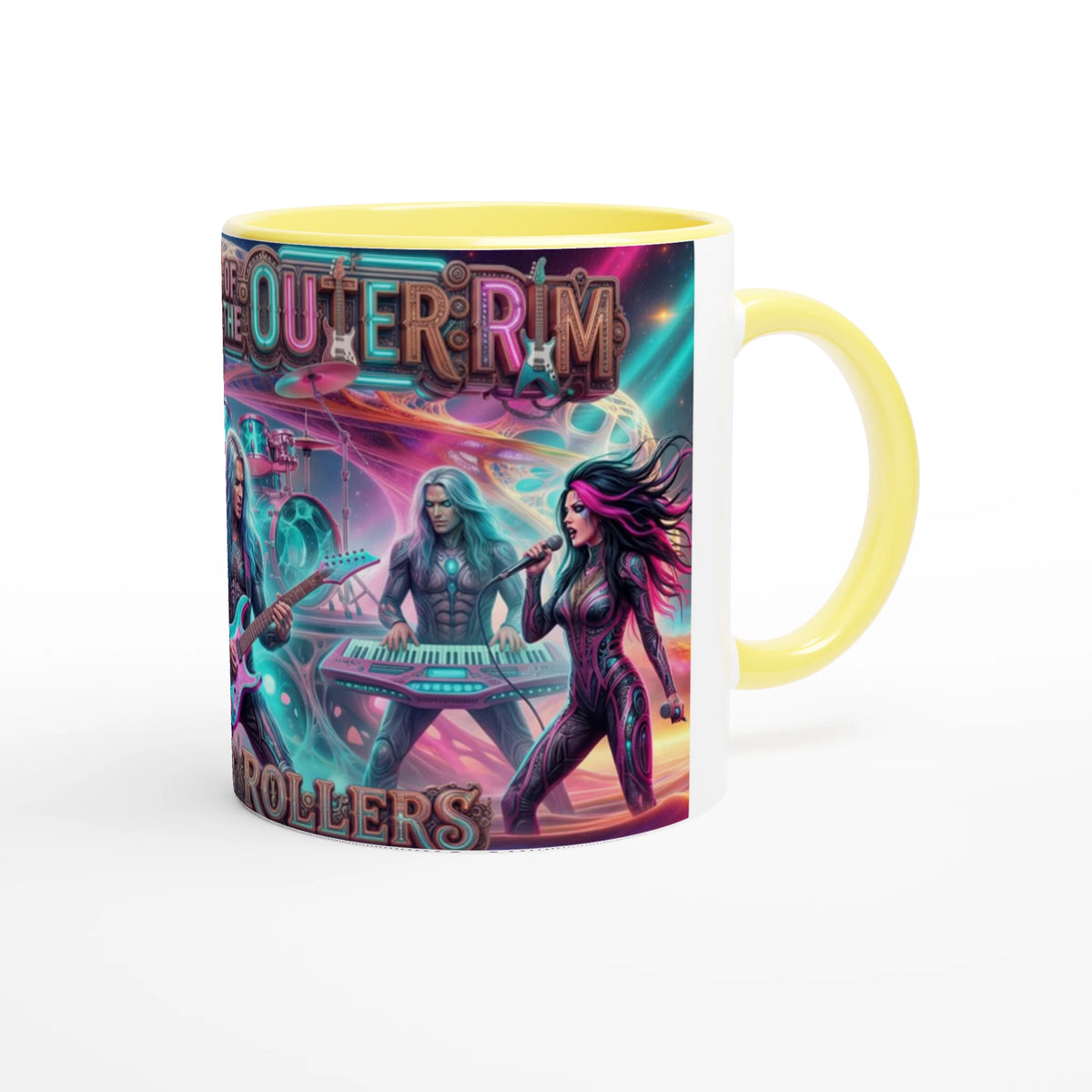 Rocket Rollers Outlaws Of The Outer Rim 11oz Ceramic Mug. Glossy white with a bold pop of color on the inside.
