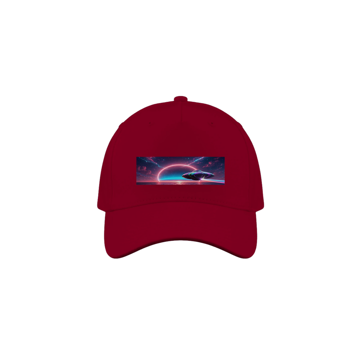 Red cap with UFO heading toward the sunset over the water.