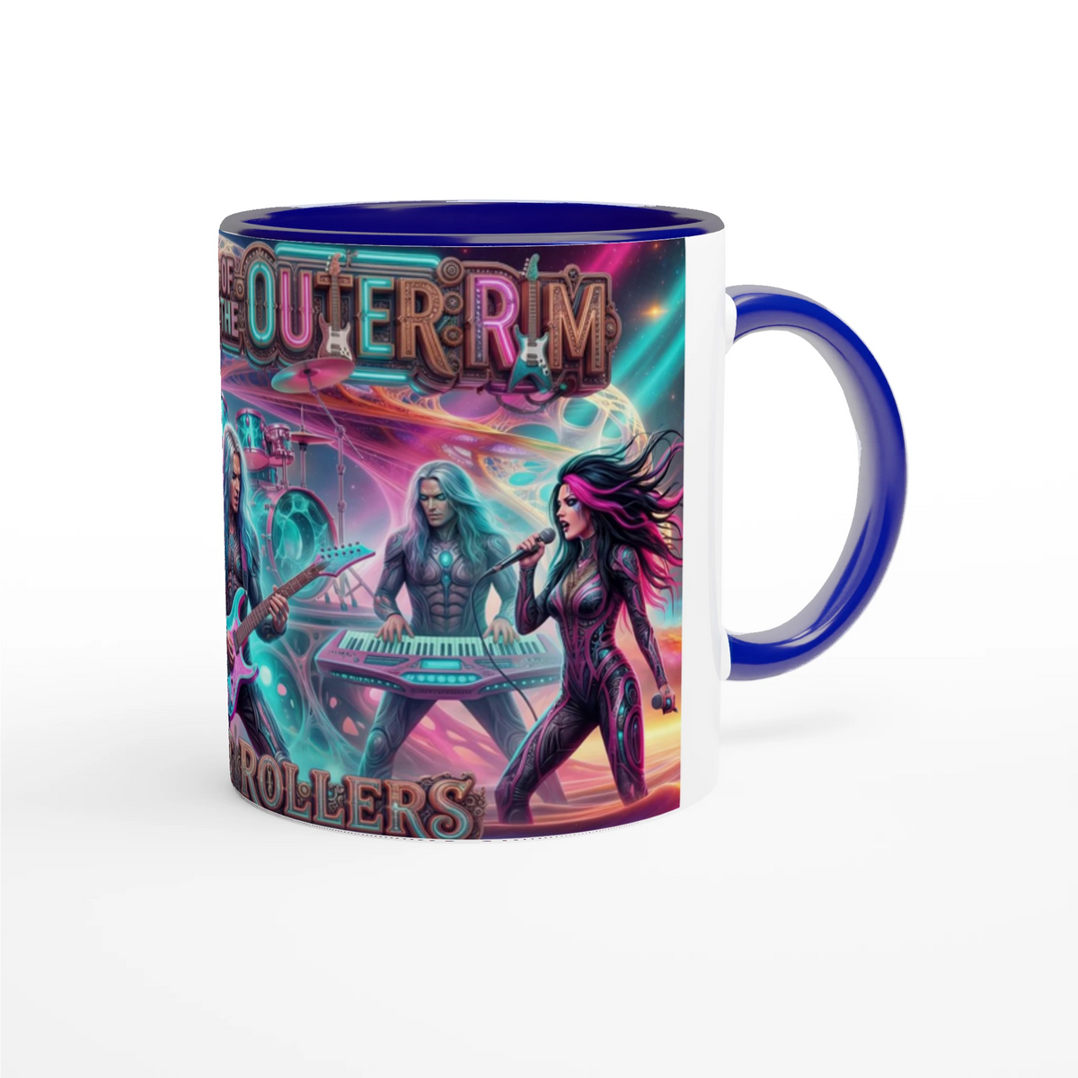Rocket Rollers Outlaws Of The Outer Rim 11oz Ceramic Mug. Glossy white with a bold pop of color on the inside.