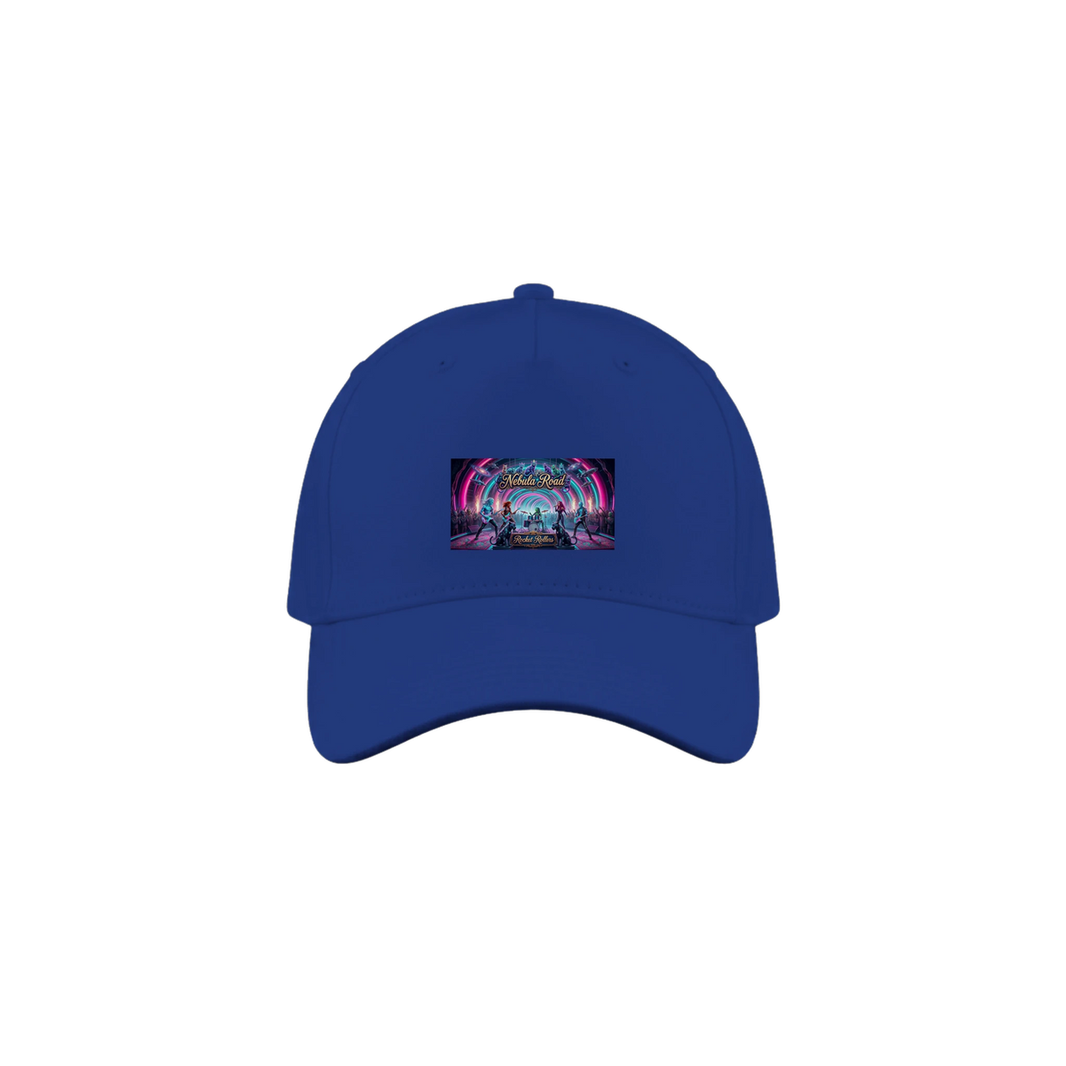 Blue cap with front patch of the Rocket Rollers Nebula Road album cover.