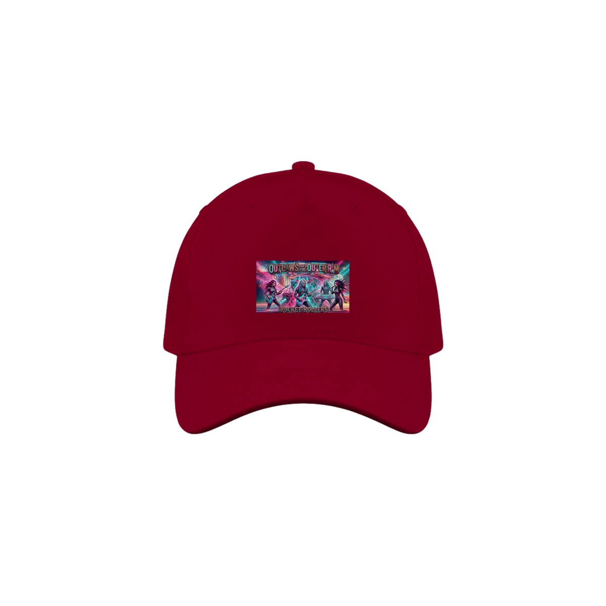 Dark Red cap with a colorful graphic of the  Rocket Rollers "Outlaws Of The Outer Rim" album cover 5-Panel Cap. 