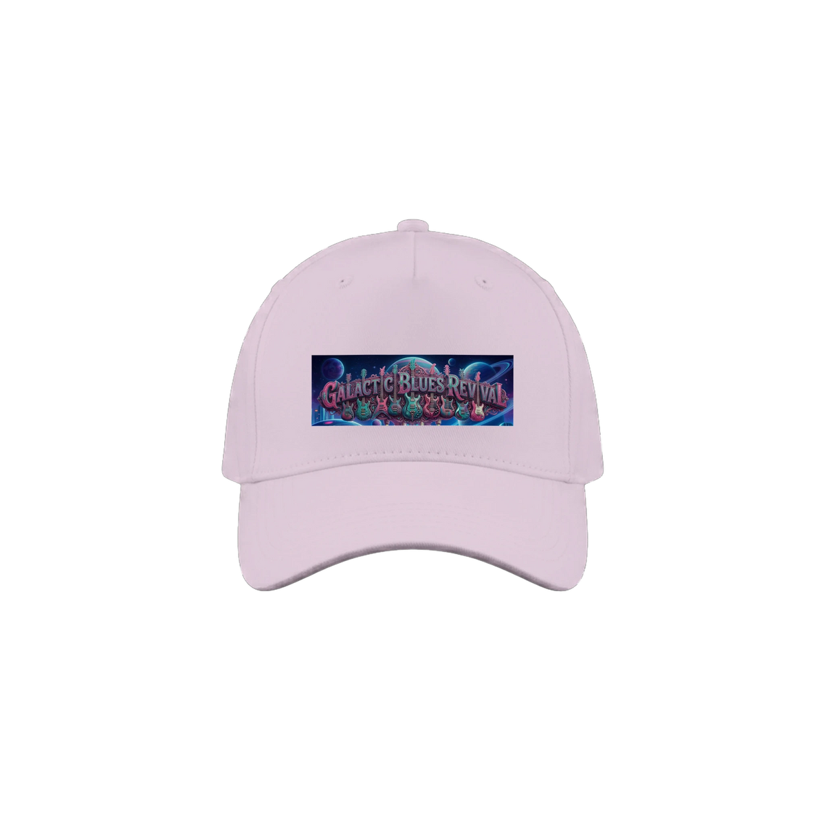A pink baseball cap featuring a rectangular graphic patch on the front with the text 'Galactic Blues Revival' decorated with colorful guitars and a blue space-themed design, shown against planets in the  background.