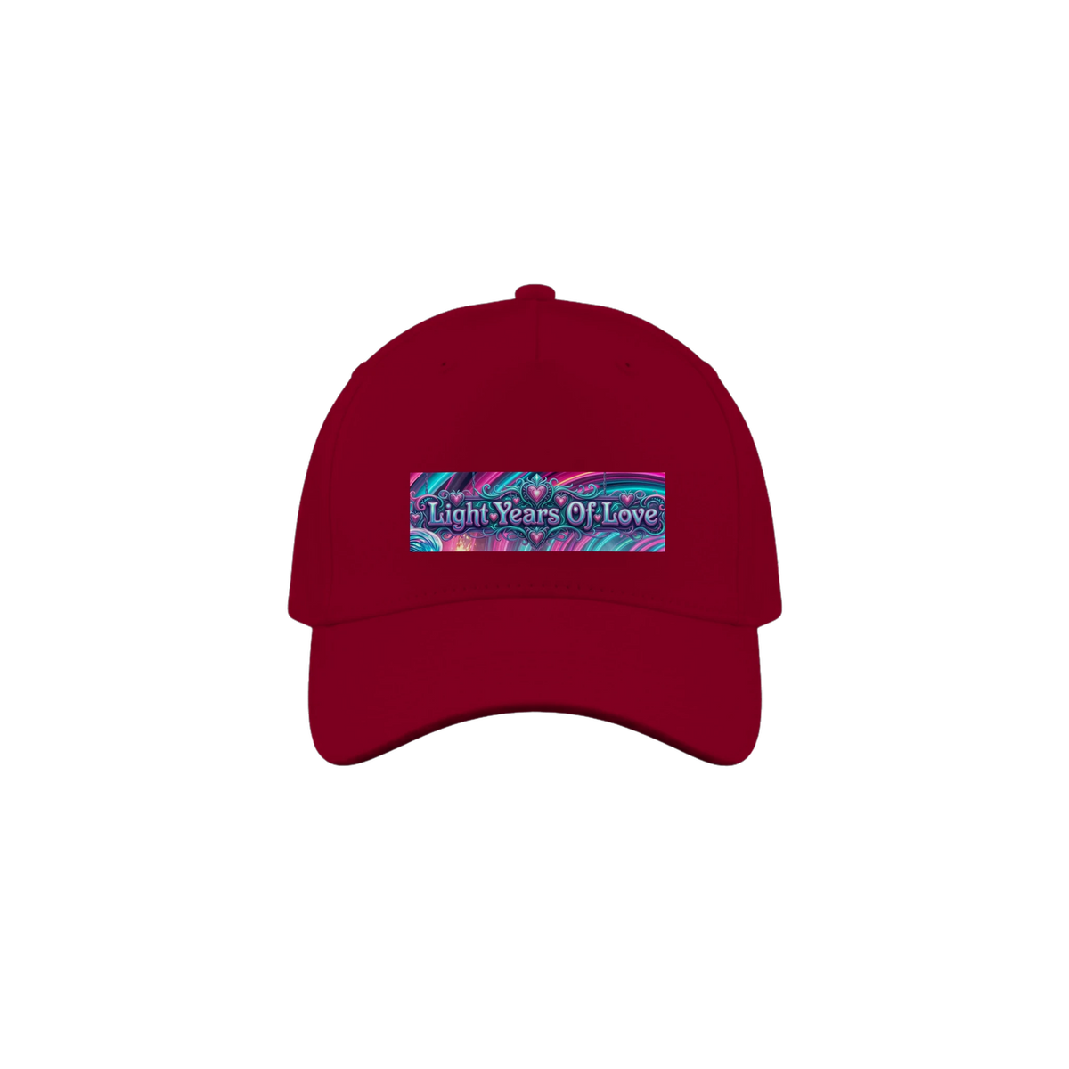 A burgundy baseball cap with a colorful graphic patch on the front that reads 'Light Years Of Love'.