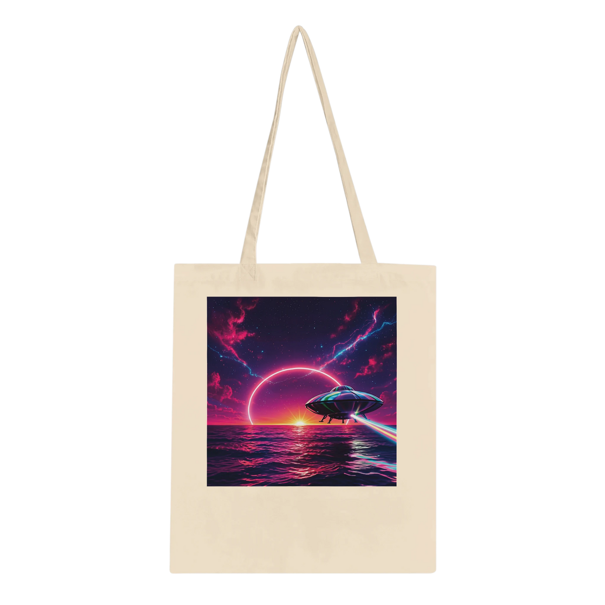 An off-white canvas tote bag with dual shoulder straps, featuring a large square graphic print on the front. The print depicts a futuristic sci-fi scene with a flying spaceship leaving a bright pink trail over a dark ocean under a purple and pink sky with a glowing ring.
