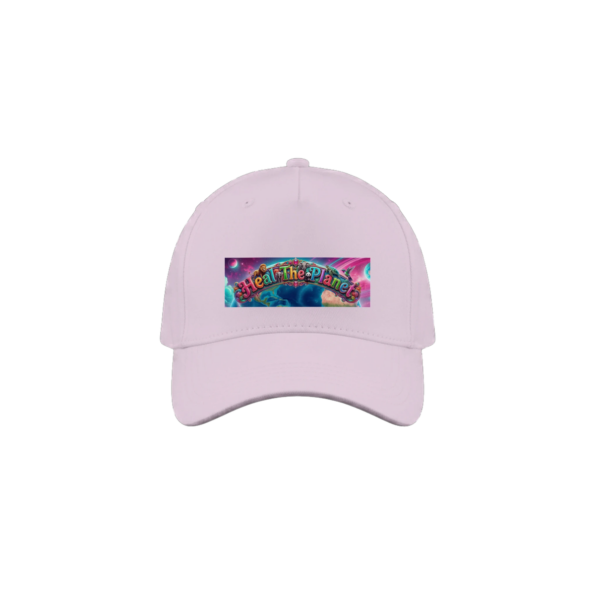 Pink cap with a bright animal framed logo that reads, "Heal The Planet".