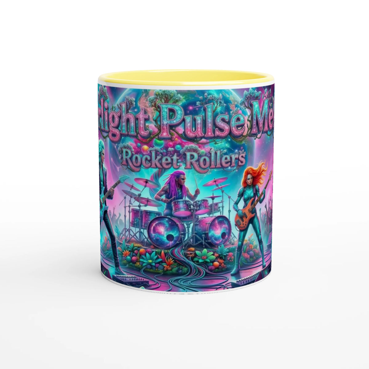 Rocket Rollers Starlight Pulse Melody 11oz Ceramic Mug. Glossy white on the outside with a burst of color inside