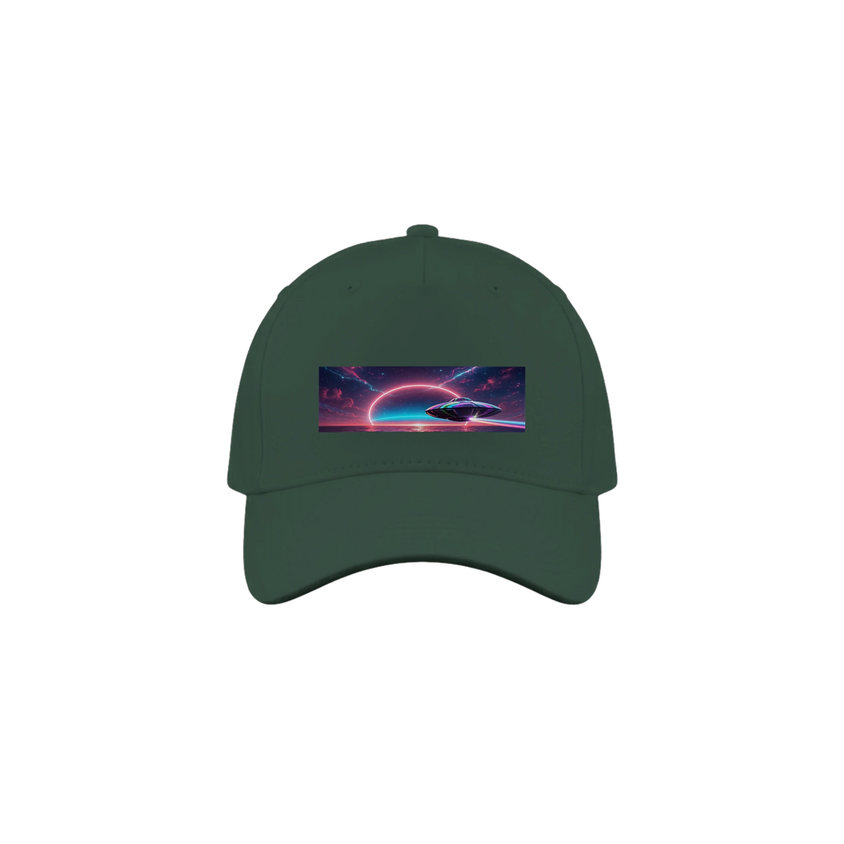 Green Cap with UFO heading toward the sunset over the water.