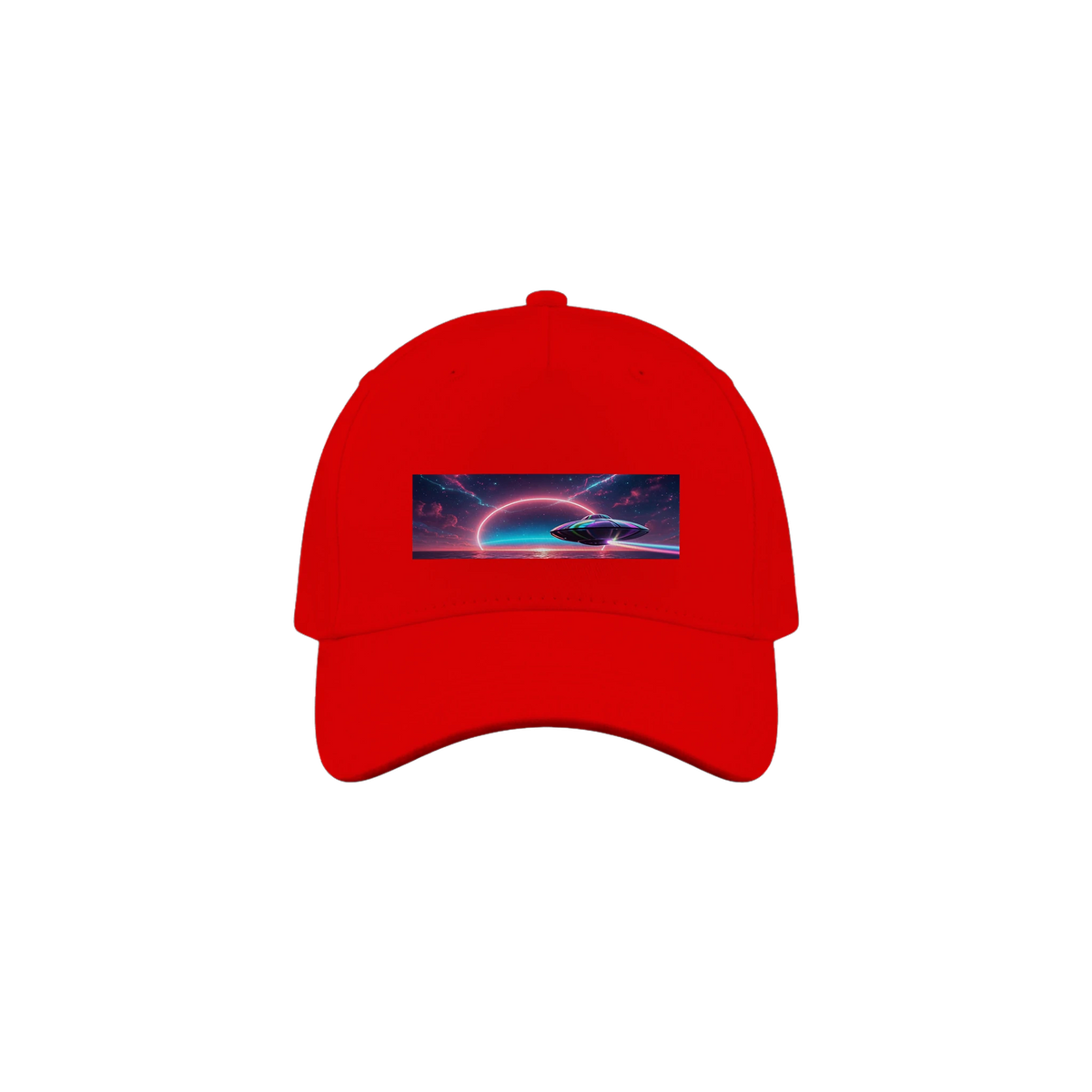 Red cap with UFO heading toward the sunset over the water.